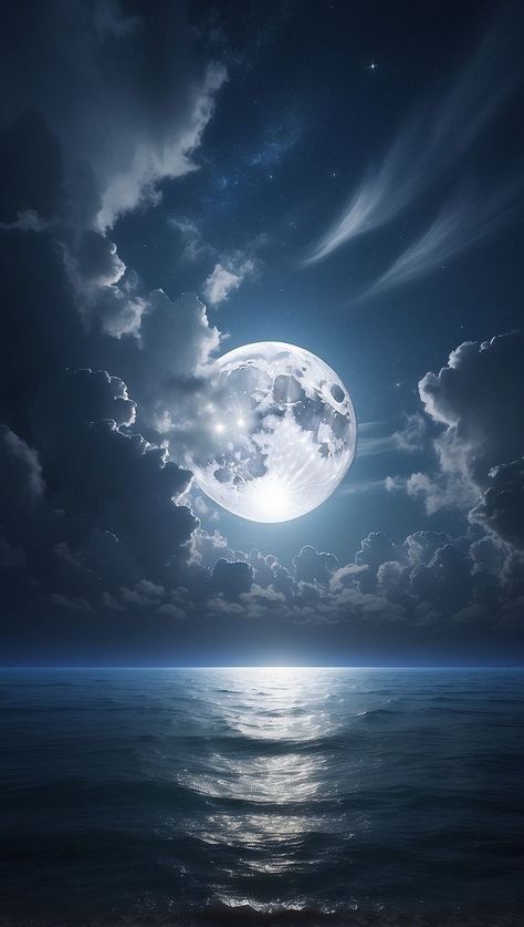 Aesthetic Lock Screen Wallpaper, Moon Over The Ocean, Moon Digital Art, Moon Over Water, Aesthetic Lock Screen, Beautiful Moon Pictures, Night Landscape Photography, Wallpaper Moon, Ocean At Night