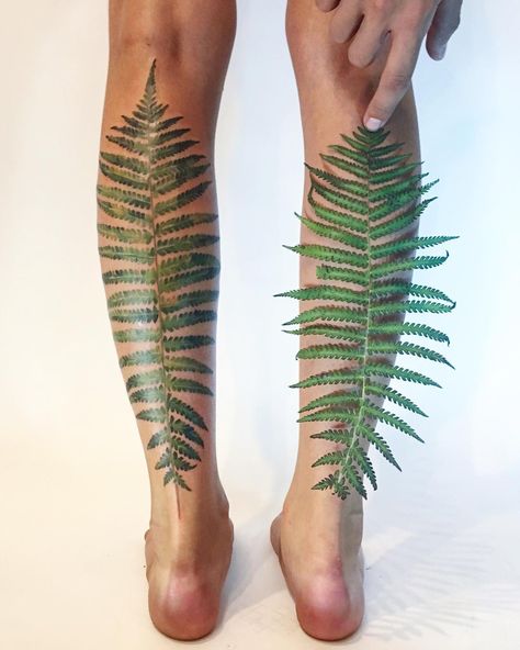 ❤️ this tattoo was done with fern leaf that my customer planted 13 years ago and now we make "a forever stencil" with this specific leaf.... Blatt Tattoos, Botanisches Tattoo, Post Tattoo, Shin Tattoo, Fern Tattoo, Plant Tattoo, Botanical Tattoo, Calf Tattoo, Nature Tattoos