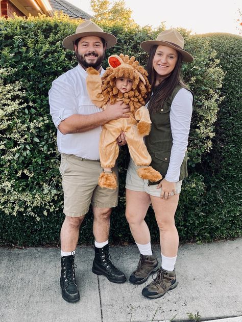 Lion and Safari Guides Zoo Theme Halloween Costumes, Safari Theme Dress Up, Zoo Keepers Family Costume, Safari Hunter Costume, Lion Halloween Costume Family, Zoo Keeper Halloween Costume, Zoo Keeper Costume Family, Family Safari Halloween Costumes, Baby Lion Costume Family