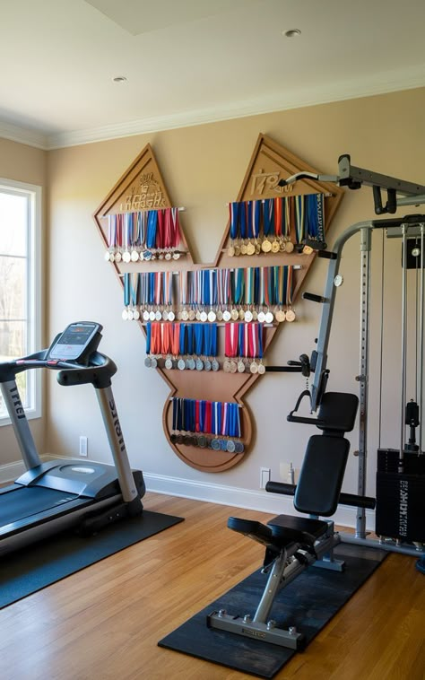 A home gym with a wall-mounted display featuring various race medals, alongside workout equipment. Diy Medal Display, Medals Display Ideas, Medal Display Ideas, Diy Medal, Race Bib Display, Race Bib Holder, Race Medal Displays, Marathon Medal Display, Medals Display