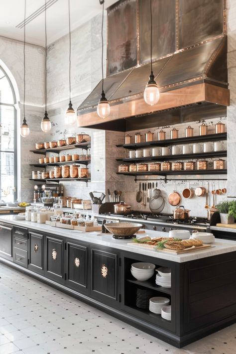 15 Tips for Creating a French-Inspired Kitchen – Everyday Inspo Chateau Kitchen French, Non Kitchen Kitchens, Dutch Kitchen Design, Bakers Kitchen Ideas, Parisian Bistro Kitchen, Restaurant Style Kitchen, French Cafe Kitchen, Commercial Kitchen Design For Home, Speakeasy Kitchen