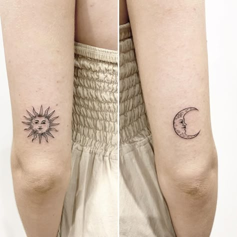 Mimi Kuromi 🦝🐼💀😻🌿🎧🥃✈️ on Instagram: “Sun 🌞 and moon 🌙 first tattoo 🍒” Half Sun Half Moon Matching Tattoo, Sun And Moon Tattoo On Back Of Arms, Sin And Moon Tattoo, Sun And Moon Tattoo Above Knee, Sun And Moon Tattoo Above Elbow, Sun And Moon Tricep Tattoo, Sun And Moon Tattoos Seperate, Sun Of May Tattoo, Sun Moon Elbow Tattoo