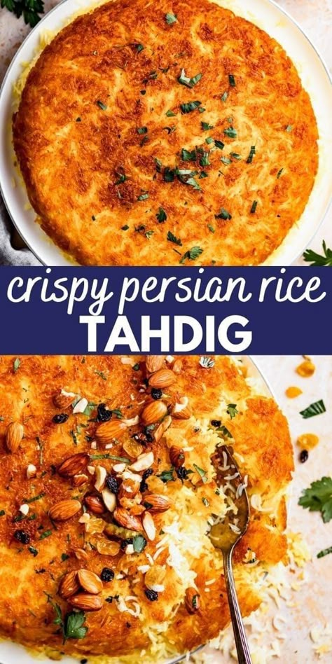 Seasoned with saffron, turmeric, and yogurt, this crispy Persian tahdig is packed with warm, golden colors and Middle Eastern flavors. Crunchy and fluffy all at once, it'll be the best rice you've had in a while. In fact, you might never want to make rice without a crispy bottom ever again. Persian Tahdig, Tahdig Recipe, Diethood Recipes, Middle Eastern Rice, Rice Crispies Recipe, Iranian Dishes, The Best Rice, Grilled Turkey Burgers, Saffron Recipes