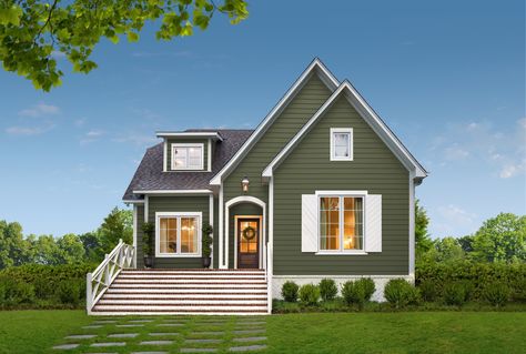 The annual “Color of the Year” trend is no longer limited to interiors. James Hardie’s inaugural Color of the Year, Mountain Sage, embodies tranquility. Read more about the green and serene color at the link below. 📸: Courtesy of James Hardie Sage Green House, Siding Colors For Houses, Green Exterior Paints, Cedar Shake Siding, Green Siding, Midwest Home, James Hardie Siding, Cedar Shake, Shake Siding