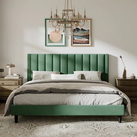 Velvet Upholstered Bed, Wingback Bed, Velvet Headboard, Luxurious Bed, Velvet Bed, Upholstered Bed Frame, Tufted Headboard, Bedroom Green, Wooden Slats