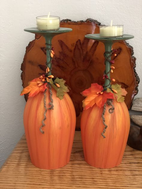 Wine Glass Candle Holders, Pumpkin Wine, Wine Glass Candle Holder, Pumpkin Candle Holder, Fall Pumpkin Crafts, Wine Glass Candle, Fall Decor Diy Crafts, Thanksgiving Decorations Diy, Wine Glass Crafts