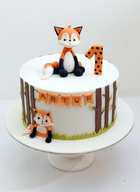 First Birthday cake. by SWEET architect Fox Cake, Woodland Cake, 1st Birthday Cakes, First Birthday Cake, Baby Cakes, Cute Birthday Cakes, 1st Birthday Cake, Boy Birthday Cake, First Birthday Cakes