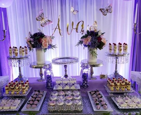 Purple Themed Dessert Table, Purple Quince Snack Table, Quince Cakes Purple Butterfly, Lilac Desert Table, Butterfly Sweet 16 Theme, 15 Decorations Ideas Purple, Sweet Sixteen Lavender Theme, Quinceanera Colors Combinations, Light Purple And Gold Quinceanera Ideas