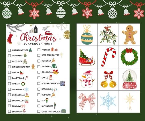 Both the scavenger hunt printable and item cards with bells and snowflake ornaments at the top of the photo Free Printable Christmas Scavenger Hunt, Printable Christmas Scavenger Hunt, Christmas Activities For Families, Fox Farm, Scavenger Hunt Printable, Christmas Scavenger Hunt, Fun Christmas Activities, Printable Christmas Games, Holiday Classroom