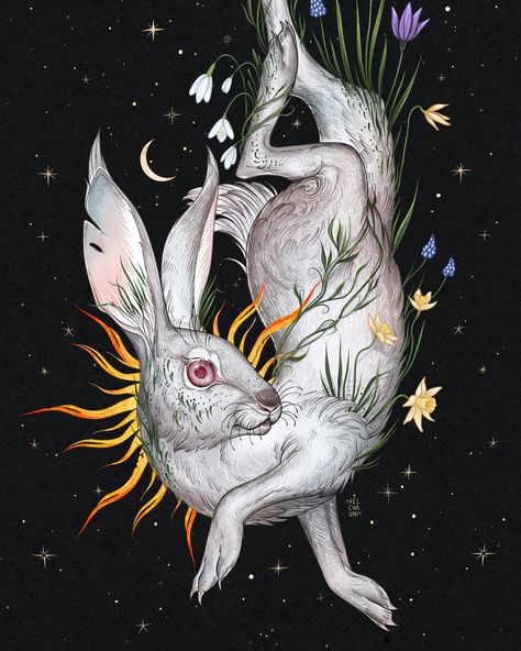 ☽ Blessed Ostara and Spring Equinox! 🌿 I love this time, full of hope and anticipation. When you notice every swollen bud, every thawed patch, listen to the songs of returning birds. And ahead - a lovely spring and a generous summer, warm evenings, walks and trips, and new discoveries. • • • #wheeloftheyear #ostara #springequinox #wiccaart #folkart Blessed Ostara, Dnd Ocs, Hare Illustration, Hare Painting, Supernatural Tattoo, Light Tattoo, Rabbit Tattoos, Spirit Animal Art, Magical Thinking