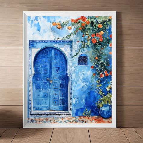 Blue Door Morocco Painting, Marrakesh Art Print, European Wall Art, Morocco Travel Art, Watercolor Printable Download Moroccan Painting, Marrakesh Travel, European Wall Art, Art Marocain, Morocco Art, معرض فني, European Wall, Spring Wall Art, Moroccan Art