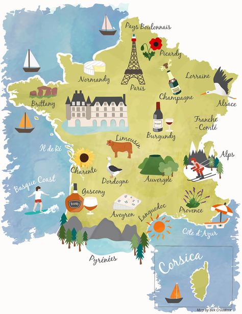 Illustrated maps of French Regions and Cities for France Today Interative Maps | Bek Cruddace | Illustration French Cities, Map Of France, Illustrated Maps, Regions Of France, Tourist Map, Paris Map, France Map, Illustrated Map, Interactive Map