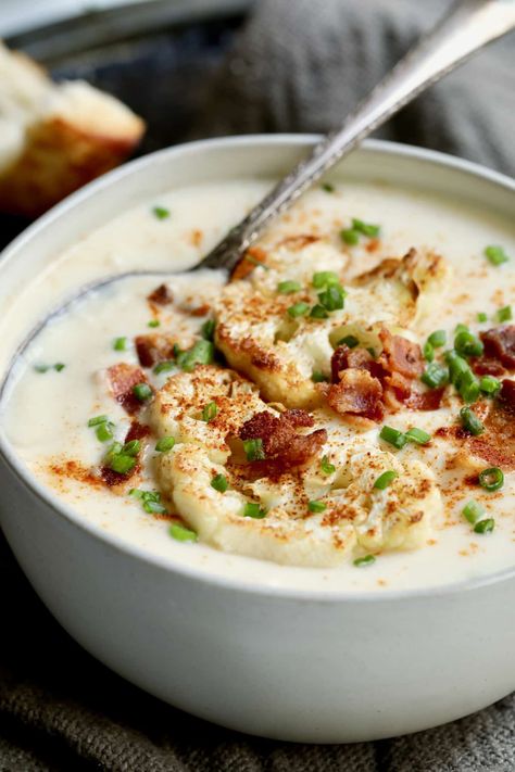 Cauliflower Potato Soup with Smoked Gouda is creamy and comforting with a touch of smoky flavor. It's a soup everyone will love! #soup #souprecipes #cauliflower #potato #cheese Cauliflower And Potato Soup, Cauliflower And Potato, Cauliflower Potato Soup, Cauliflower Potatoes, Potato Chowder, Smoked Gouda Cheese, Potato Cheese, Whole Roasted Cauliflower, Smoked Cheese