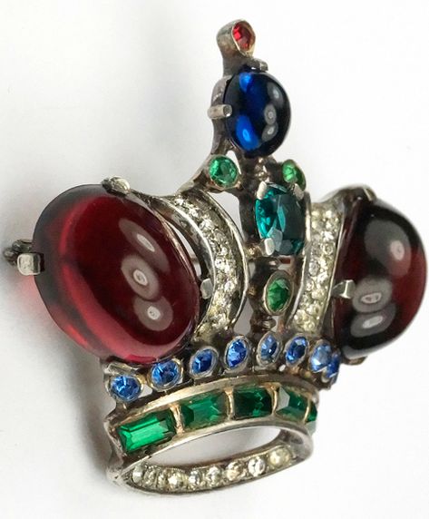 Trifari Sterling 'Alfred Philippe' Ruby Cabochon Emerald and Sapphire Large Royal Crown Pin Crown Brooch, Trifari Brooch, Trifari Jewelry, Rhinestone Crown, Vintage Trifari, Crown Trifari, Silver Crown, Message Jewelry, Crown Jewels