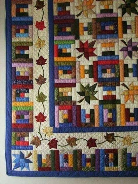 Leaf Quilts, Autumn Quilt, Quilt Borders, Log Cabin Quilt Pattern, Log Cabin Quilt Blocks, Quilt Modernen, Cabin Quilt, Log Cabin Quilts, Quilt Border