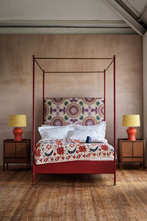 Our Richter Bed reimagined. The Rita is a beautiful, Adnet-inspired Red Gesso clad Bed with contrasting decorative Brass rings. #julianchichester Julian Chichester, British Furniture, Simple Curtains, Brass Rings, Four Poster Bed, Four Poster, Bed Canopy, Poster Bed, Chichester