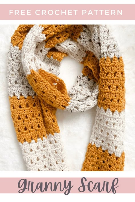 A perfect autumn winter accessory, the granny stripe scarf is a simple, beginner-friendly free crochet pattern. The aran/worsted yarn will keep you cozy without being too heavy, and works up super quickly with a 6mm hook. Crochet Team Scarf, Granny Stripe Scarf, Crochet Scarves Free Patterns, Stripe Scarf Pattern, Granny Scarf, Crochet Triangle Pattern, Crochet Stripe Scarf, Free Crochet Scarf, Crochet Scarf For Beginners