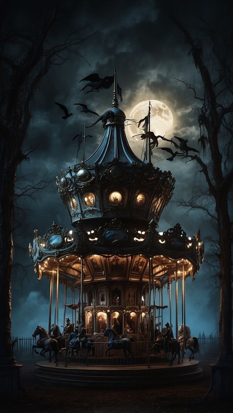 A carousel with a full moon in the background, horror fantasy art Amusement Park Tattoo, Dark Carnival Aesthetic, Dark Circus Aesthetic, Creepy Carousel, Dnd Circus, Halloween Carousel, Gothic Carnival, Horror Fantasy Art, Haunted Carousel