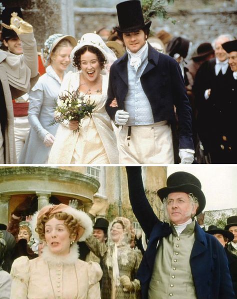 Pride and Prejudice (1995) Starring: Emilia Fox as Georgiana Darcy, Jennifer Ehle as Elizabeth Bennet, Colin Firth as Mr. Darcy, Alison Steadman as Mrs. Bennet and Benjamin Whitrow as Mr. Bennet. Bennet Sisters, Movie Wedding Dresses, Jennifer Ehle, Jane Austen Movies, Darcy And Elizabeth, Tv Weddings, Donald Sutherland, Jane Austin, Elizabeth Bennet