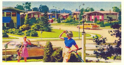 Mid-century suburbia. #vintage #1950s #1960s #family 50s Suburbia Aesthetic, Vintage 1950s Aesthetic, 1950s Aesthetic, Rockwell Paintings, Norman Rockwell Paintings, Family Illustration, Vintage Americana, Old Ads, Street Scenes