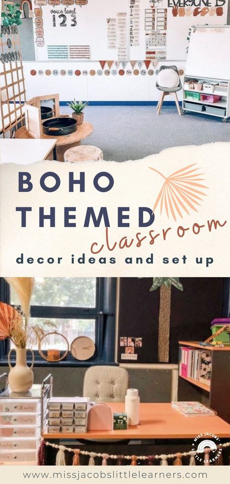 Grade One Classroom Decor, Boho Rainbow Classroom Decor Ideas, Classroom Boho Rainbow Theme, Bohemian Classroom Theme, Boho Themed Classroom Ideas, Boho Classroom Decor Ideas Diy, Boho School Office, Neutral Boho Classroom Decor, Boho Science Classroom