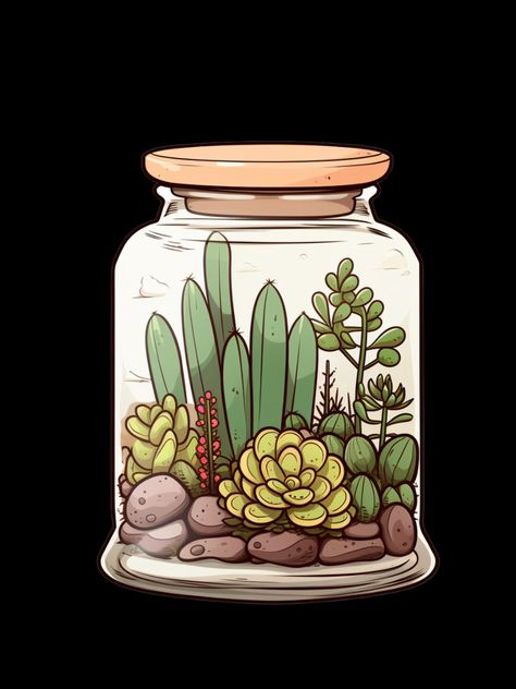 Jar Shapes, Terrarium Drawing, Jar Drawing, Cute Cactus, Kawaii Plants, Jar Illustration, Plants In Jars, Jar Stickers, Jar Art