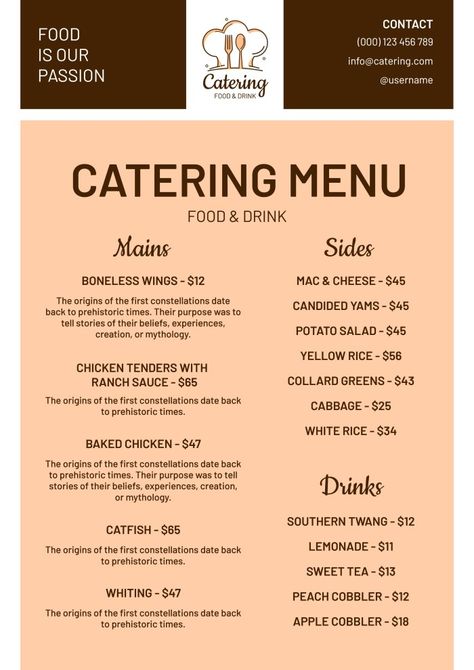 Catering Menu Design Templates, Food Menu Ideas, Catering Menu Design, Starting A Catering Business, Wedding Catering Menu, Menu Catering, Restaurant Website Design, Printable Menu Template, Bar Catering