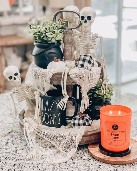 Amy's Farmhouse Style on Instagram: "Happy Friday Friends!! Loving how my tiered tray turned out I’m obsessed with skeletons this Halloween 💀and the cauldrons I shared in my stories the other day from @walmarting were so perfect!! And if you come across this candy corn candle from @marshalls you need it !!!! . . . . . . #tieredtraydecor #tieredtray #tietedtraysofinstagram #halloween #halloweendecor #halloweenanddunn #dunn #dunnlove #lazybones #skeltons @walmarting #targetdollarspot #tieredtray Days Till Halloween, Rustic Halloween, Happy Friday Friends, Farmhouse Halloween, Halloween Centerpiece, Whimsical Halloween, Halloween Blanket, Fall Halloween Crafts, Halloween Coffee