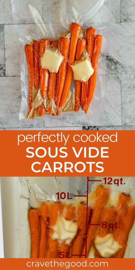 Make the best cooked carrots you'll ever have with these sous vide carrots. This easy recipe is made with carrots, butter and brown sugar. Cooking the carrots in the butter and sugar creates a delicious glaze ! | cravethegood.com Sous Vide Carrots Recipe, Sous Vide Freezer Meals, Sous Vide Sweet Potatoes, Best Cooked Carrots, Sous Vide Recipes Eggs, Sous Vide Carrots, Sous Vide Mashed Potatoes, Instant Pot Sous Vide, Sous Vide Vegetables