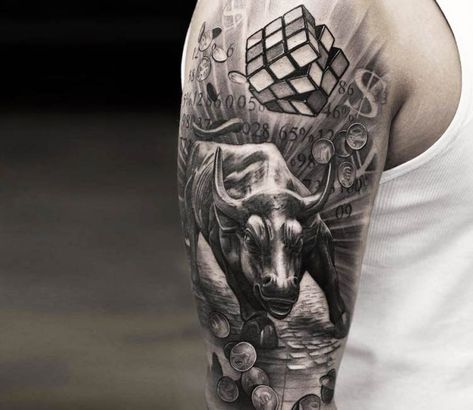 Black and grey tattoo motive of Bull by tattoo artist Oscar Akermo | Post 14855 | World Tattoo Gallery - Best place to Tattoo Arts Bulls Tattoo, Oscar Akermo, Ox Tattoo, Taurus Bull Tattoos, Bull Skull Tattoos, Bull Tattoo, Taurus Tattoo, Inner Bicep Tattoo, Lion Tattoo Sleeves