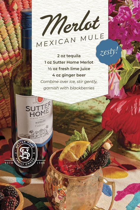 Create something zesty in honor of Hispanic Heritage Month! This refreshing wine cocktail combines the rich flavors of Sutter Home Merlot, tequila, a splash of ginger beer and a squeeze of lime for that perfect citrus kick. Celebrate with a traditional drink that has a modern twist—a perfect way to enjoy the vibrant culture and bold flavors of Mexico. Whether you're looking for wine cocktail recipes, easy wine drinks, or festive cocktails for a party, this Merlot Mule is sure to impress. Merlot Cocktails, Cocktails For A Party, Mexican Mule, Wine Cocktail Recipes, Wine Varietals, Festive Cocktails, Cocktail Recipes Easy, Hispanic Heritage Month, Wine Cocktails