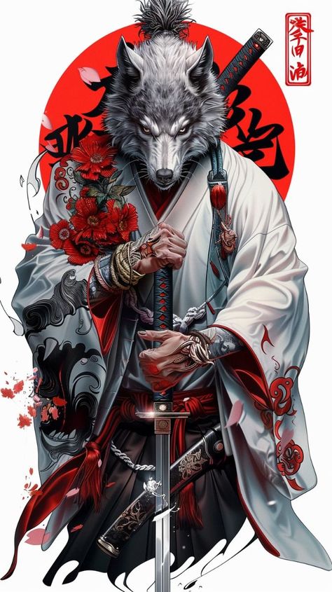 Samurai Wolf, Polka Tattoo Designs, Trash Polka Tattoos, Trash Polka Tattoo Designs, Notan Art, Japanese Art Samurai, Pikachu Drawing, Polka Tattoo, Old Warrior