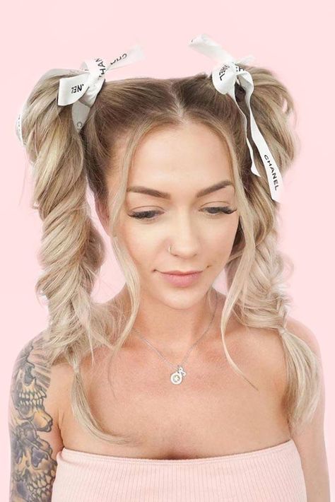 Welcome Stylish and Cute Pigtails Back into Your Style ★ Two Ponytail Hairstyles, High Pigtails, Tail Hairstyle, Hairstyles Pigtails, Girls Hairstyles Easy, Bow Hairstyle, Pigtail Braids, Haircut Styles, Pigtail Hairstyles