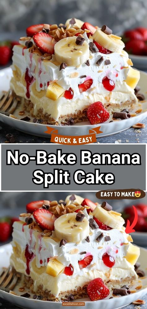 No-Bake Banana Split Cake Banana Split Lush Dessert, Easy No Bake Banana Split Cake, No Bake Banana Dessert Recipes Easy, Homemade Banana Split, Dessert No Bake Easy, Banana Flavored Desserts, Banana Split Cake Recipe No Bake, Banana Split Cake No Bake, Banana Split Delight