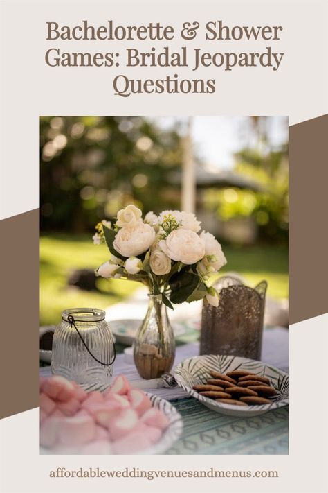 Outdoor table, set for a bridal shower with white flowers and rustic decorations. Questions For Bridal Jeopardy, Bridal Shower Jeopardy Questions, Picnic Wedding Favors, Bridal Jeopardy Questions, Bridal Shower Jeopardy, Bridal Jeopardy Game, Picnic Table Wedding, Wedding Picnic Reception, Bridal Jeopardy