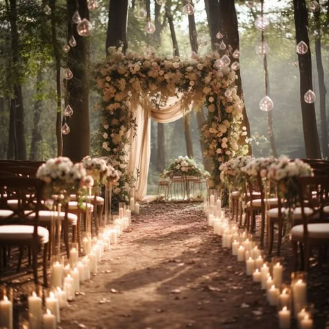 Lanterns At A Wedding, Wedding In Woods Forests, Ethereal Woodland Wedding, Enchanting Wedding Theme, Enchanted Forest Wedding Theme Color Palettes, Mystical Wedding Theme, Indoor Forest Wedding, Forest Wedding Arch, Night Court Wedding