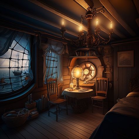 Pirate Captain Bedroom, Pirate Ship Room Aesthetic, Pirate Ship Cabin Bedroom, Pirate Ship Bedroom Aesthetic, Pirate Astethic Room, Fantasy Pirate Ship Interior, Inside Pirate Ship, Pirate Core Aesthetic Bedroom, Nautical Aesthetic Bedroom