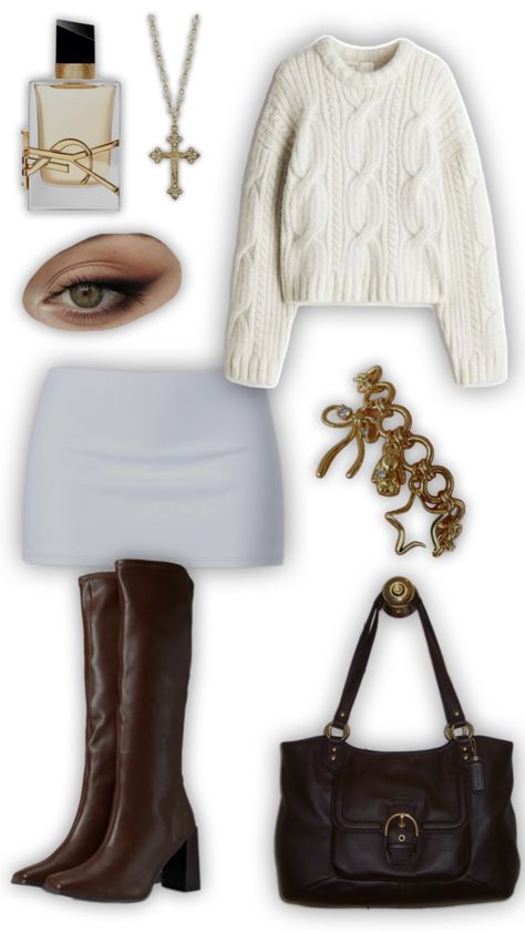 thanksgiving dinner outfit inspo, turkey day outfit, holiday outfit inspo, white sweater outfit, brown boot inspo, gold necklace, gold bracelet, ysl libre Thanksgiving Dinner Outfit, Ysl Libre, White Sweater Outfit, Holiday Outfit Inspo, Outfit Brown, Outfit Holiday, Dinner Outfit, Sweater Outfit, Dinner Outfits