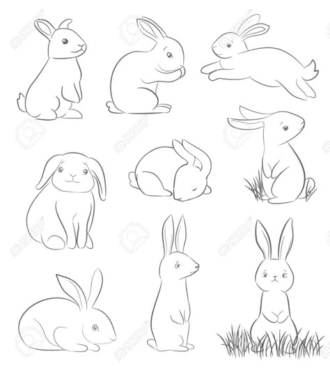 set of cute cartoon rabbits. line art vector drawing Stock Vector - 53123841 Rabbit Drawing, Bunny Drawing, Line Art Vector, Animal Doodles, Rabbit Art, Bunny Art, Cute Cartoon Drawings, Rabbit Cartoon, Vector Drawing