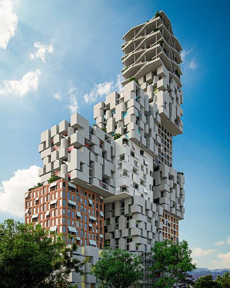 OODA plans 'hora vertikale' village with 13 stacked cubes in tirana Vancouver Architecture, Cubic Architecture, Cubes Architecture, Spring Architecture, Brain Storm, Residential Building Design, Tirana Albania, Airport Design, Skyscraper Architecture