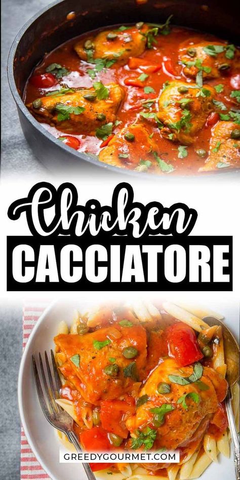 If you love Italian cuisine, you'll love this chicken cacciatore recipe. This easy dinner recipe is made of chicken thighs, red peppers, tomatoes, and capers. Your family will definitely love this delicious meal for dinner. #chicken #cacciatore #chickencacciatore #chickenrecipes #dinnerrecipes #easyrecipes #italianfood #italianrecipes #italiancuisine Chicken In Tomato Sauce, Easy Chicken Cacciatore, Cacciatore Recipes, Chicken Cacciatore Recipe, Italian Chicken Recipes, Chicken Cacciatore, Easy Dinner Recipe, Chicken Dishes Recipes, Poultry Recipes