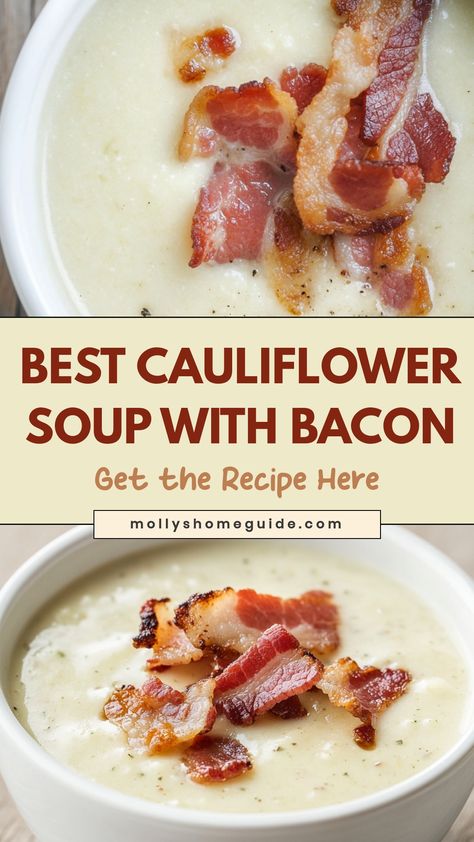 Indulge in the creamy goodness of cauliflower soup with crispy bacon in every spoonful. This comforting and flavorful soup is perfect for cooler days or whenever you need a cozy meal. The combination of rich flavors from roasted cauliflower and savory bacon is sure to satisfy your taste buds. Serve it as a starter for dinner parties or enjoy it on a lazy evening at home. Try this easy-to-make recipe for a delicious homemade soup that will warm you up from the inside out! Best Cauliflower Soup, Cauliflower Soup With Bacon, Cauliflower Bacon Soup, Dinner Party Starters, Savory Bacon, Soup With Bacon, Soup Lovers, Bacon Cauliflower, Creamy Cauliflower Soup