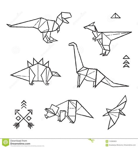 Ink Origami Tattoos Dinosaurs Set. Vector Illustration Stock Vector - Illustration of arrow, illustration: 110383853 Dinosaur Origami, Origami Tattoo, Dinosaur Tattoos, Origami Ball, Origami Rose, Dinosaur Coloring, Origami Animals, Themed Bedroom, Hand Drawn Vector Illustrations