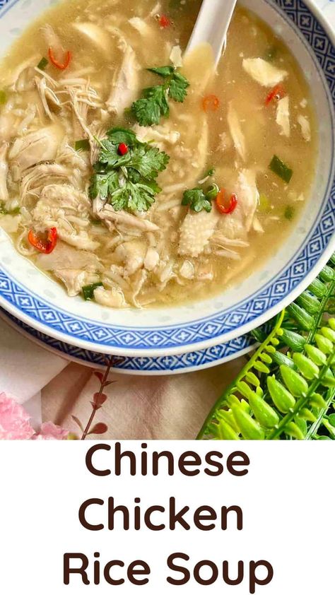 This easy Chinese Chicken Rice Soup is made in one-pot. Nourishing and warming, it's the perfect Asian comfort food for the colder weather of fall or winter that the whole family will love! I show you how to make it from scratch using fresh ingredients, as well as a quicker 15-minute hack using leftovers. Asian Chicken Rice Soup, Chinese Chicken Rice Soup, Chinese Rice Soup, Chinese Chicken And Rice Soup, Rice Soup Asian, Asian Chicken And Rice Soup, Easy Asian Soup, Chinese Chicken Rice, Asian Chicken Breast Recipes