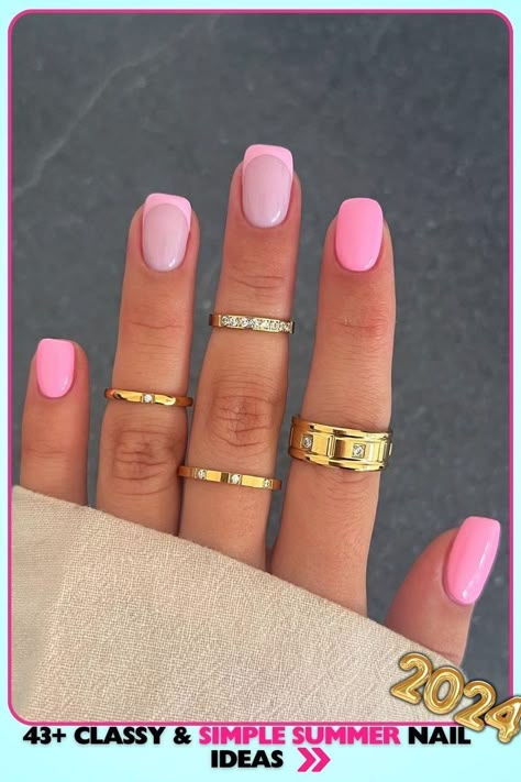 [Ad] Simple Summer Nails With A Short Square Shape In Bright Pink. These Glossy Gel Nails, Adorned With Gold Rings, Are Ideal For A Fun, Playful Summer Look, Suitable For Casual And Festive Occasions. #simplesummernails2024square Nail Ideas With 2 Colors, Short Nails For Nursing School, Plain Summer Nails Simple, Summer Nails Square Bright, Cute Short Summer Nails Simple, Summer Dip Nail 2024 Trends, Summer Nail Colour 2024, Summery Nails 2024 Square, Pink Summer Nails Square