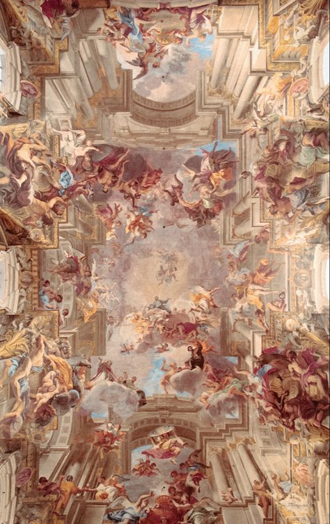 The frescoes adorning the ceiling of the **Chiesa di Sant'Ignazio di Loyola** in Rome are one of the most spectacular works of Baroque art. Painted by **Andrea Pozzo** between 1685 and 1694, they exemplify masterful illusionistic perspective.

The central element of the painting is the **apotheosis of St. Ignatius of Loyola**, the founder of the Jesuit order. The saint is depicted ascending toward heaven, surrounded by angels and other saints. The illusionary dome, though not actually present, creates the impression of a vast space, as if the sky is opening above the faithful.

Pozzo used the technique of **quadratura**, which, through precise manipulation of linear and atmospheric perspective, makes the architecture of the church seamlessly blend into the heavenly vision. Around St. Ignat Carravagio Paintings Baroque, Carravagio Paintings, Surrounded By Angels, Ignatius Of Loyola, Atmospheric Perspective, St Ignatius Of Loyola, Fantasy Cities, Baroque Painting, St Ignatius