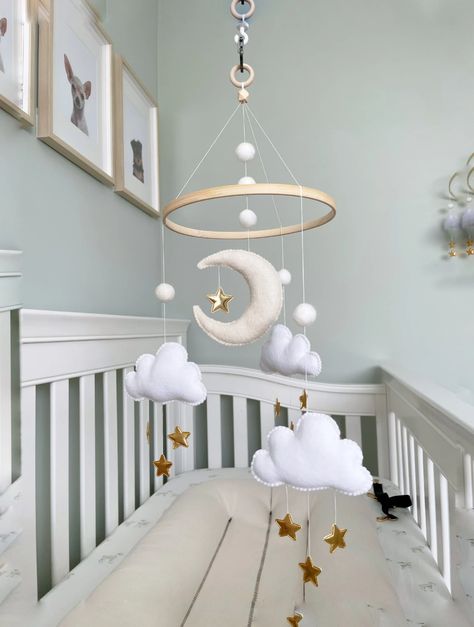 Three Cloud and Moon Baby Mobile / Nursery Decor / Baby Mobile | Etsy Crib Mobile Boy, Moon Baby Shower Theme, Cloud And Moon, Crib Mobile Girl, Cloud Nursery Decor, Stars Baby Mobile, Moon Mobile, Gender Neutral Nursery Decor, Clouds Nursery