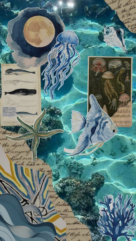 Ocean collage Collage Ocean Art, Marine Biology Collage, Ocean Moodboard Aesthetic, Water Collage Art, Gcse Art Collage, Beach Collage Art, Sea Art Drawing, Collage Infographic, Zine Collection