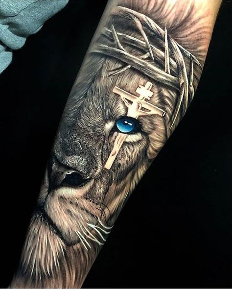 John 16:33 #mysavior #mykingjesus #chosen #kingofkings #lordoflords #thealphaandomega #thebeginningandtheend #itisfinished #thewariswon #childofgod #theonlysavior #heisrisen #lionofjudah Religious Tattoo Sleeves, Lion Forearm Tattoos, Lion Tattoo Sleeves, Wolf Tattoo Sleeve, Mens Lion Tattoo, Lion Head Tattoos, Men Tattoos Arm Sleeve, Cool Arm Tattoos, Lion Tattoo Design