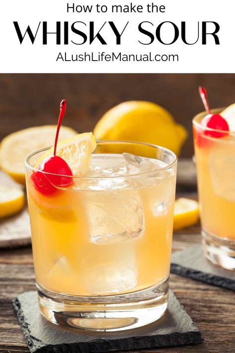 The Whisky Sour is a gem of a cocktail! A classic cocktail and the perfect way to enjoy whisky in those warm summer months. Whisky Sour Recipe, Brandy Sour, Whisky Cocktail Recipes, Crown Royal Drinks, Whiskey Sour Recipe, Peach Drinks, Whisky Sour, Whisky Drinks, Whisky Cocktails